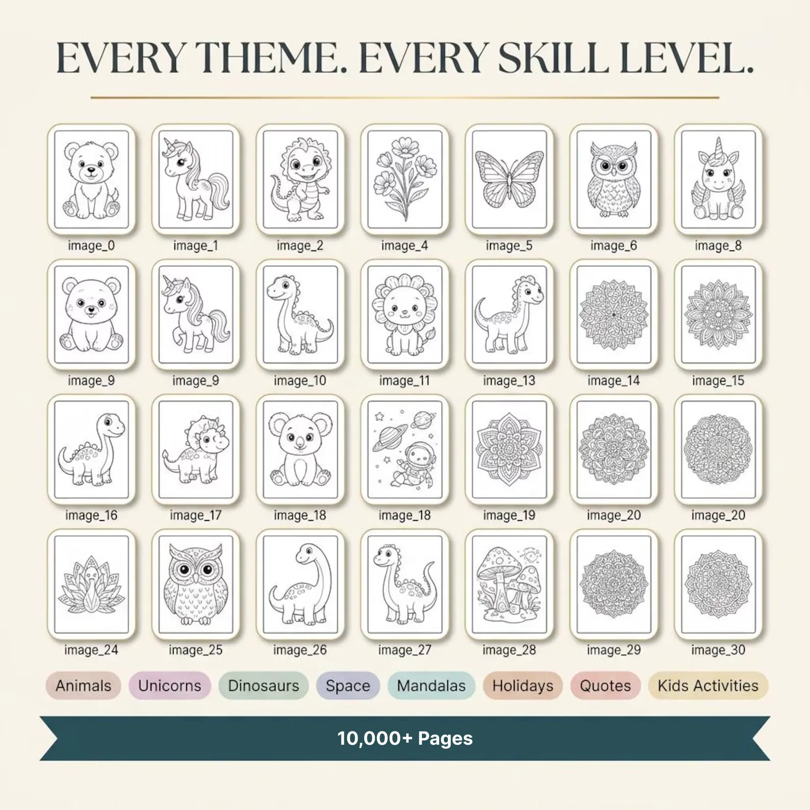 Every Theme and Skill Level: Animals, Unicorns, Dinosaurs, Space, Mandalas